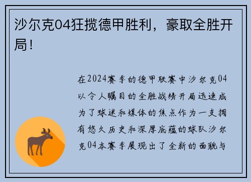 沙尔克04狂揽德甲胜利，豪取全胜开局！